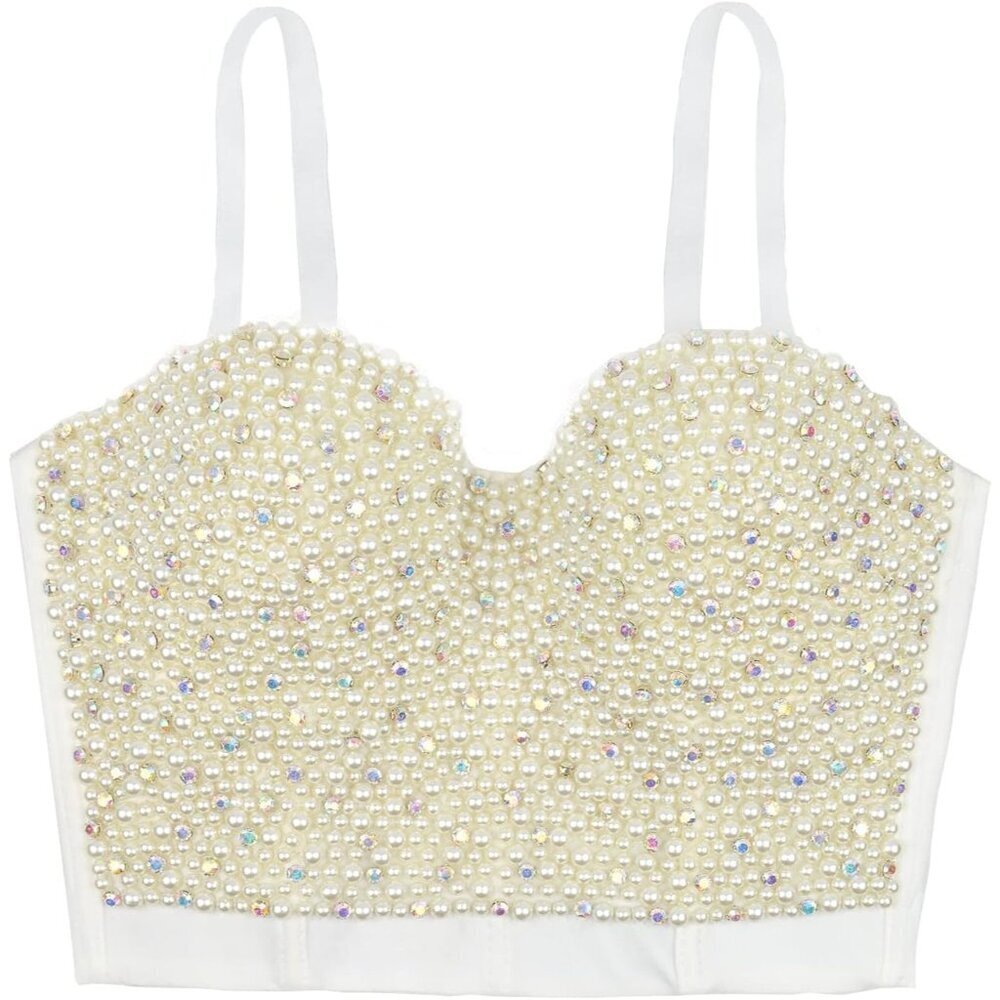 Women White Pearls Beaded Rhinestone Bustier Crop Top Push Up Corset - Picture 3 of 7